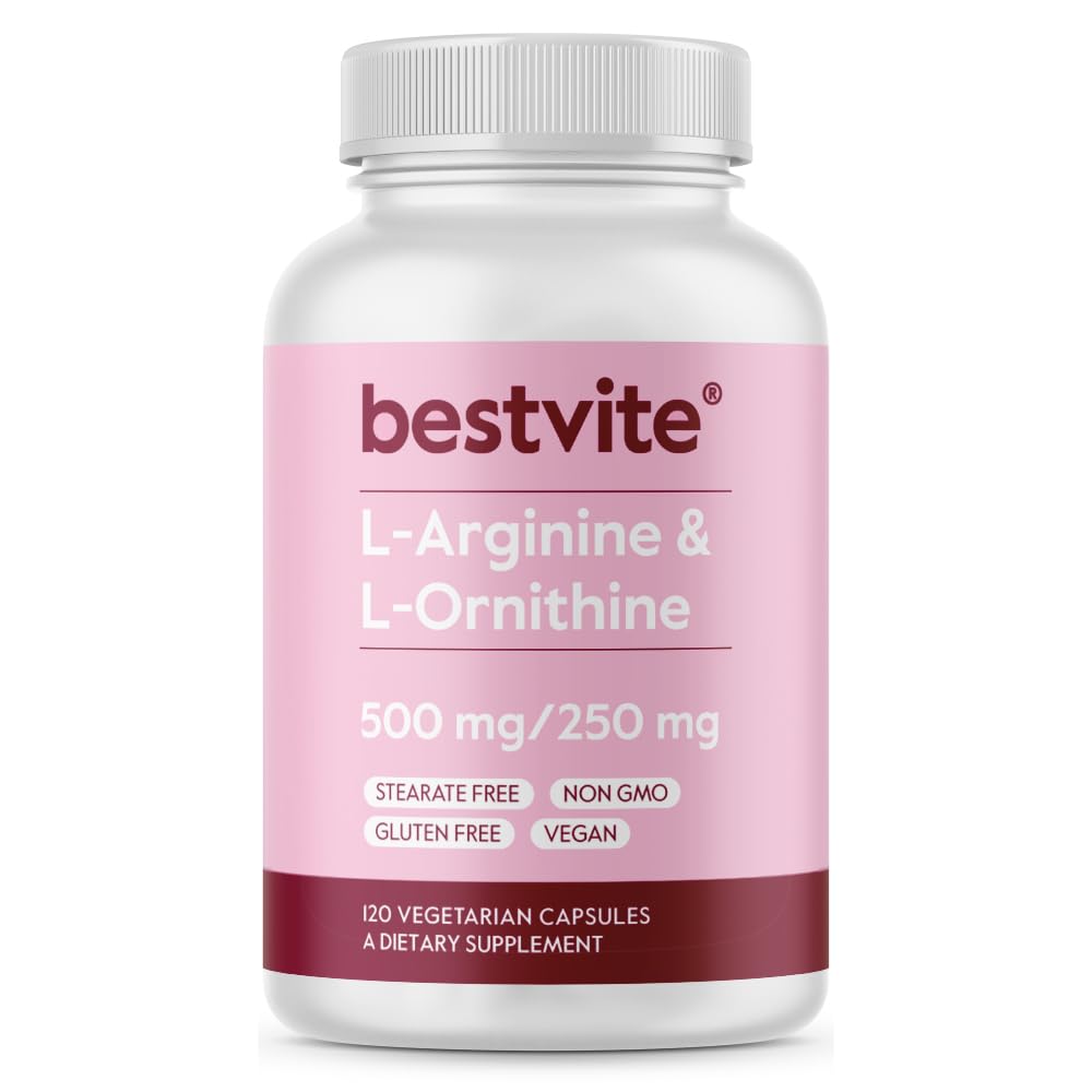 BESTVITE L-Arginine L-Ornithine 500-250 (120 Vegetarian Capsules) - No Stearates - No Fillers - Vegan - Non GMO - Gluten Free - No Calcium Silicate