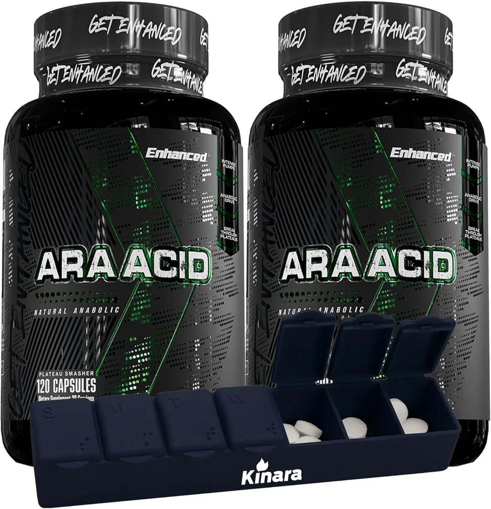 Enhanced Athlete - Arachidonic Acid Supplement - Muscle and Strength Supplement for Increased Muscle Mass & Improved Recovery for Men & Women (120 Capsules) - 2 Pack with Kinara Pill Organizer