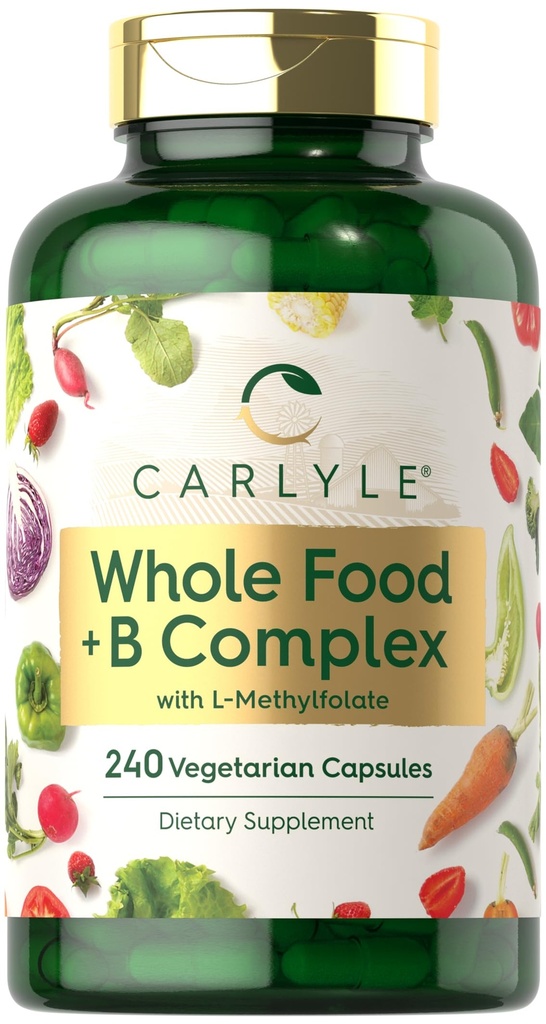 Complejo de vitamina B Complejo entero de Carlyle Foods Blend ← 240 Capsules  durable with B1, B2, B6, B12, Biotin, Niacin, and Methylfolate.