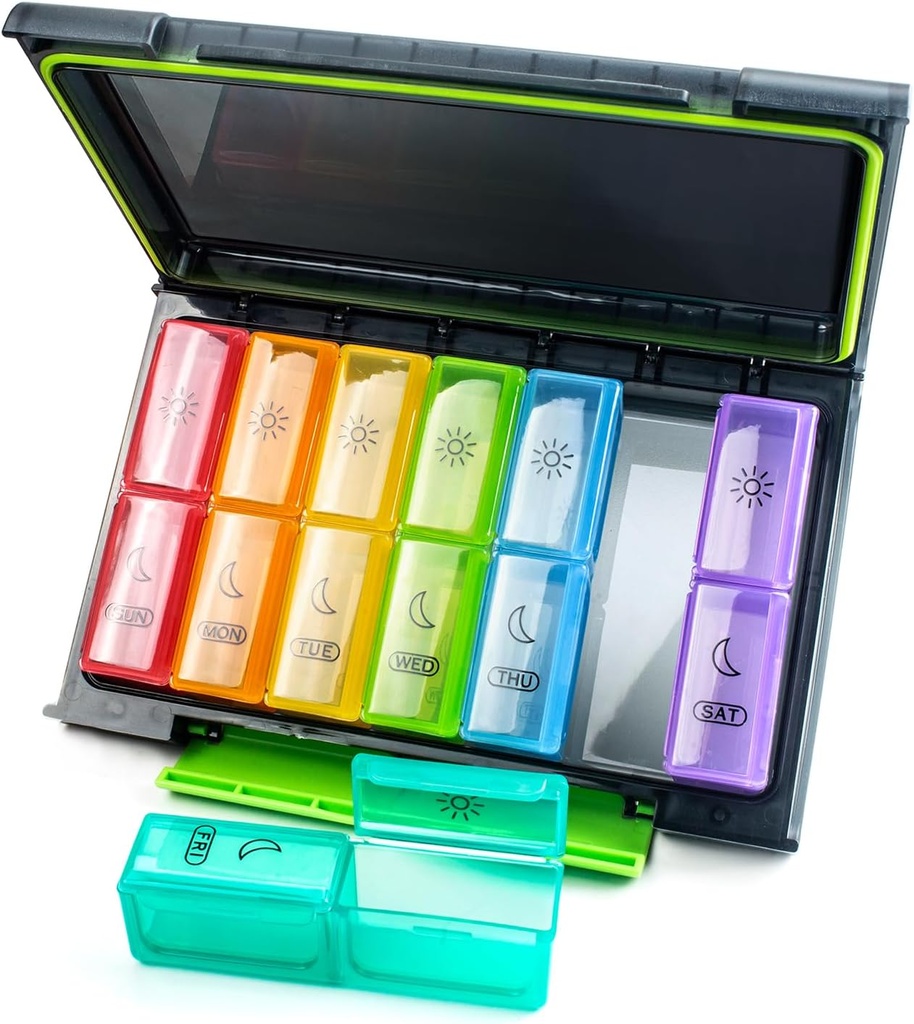 Organizador semanal de píldoras 2 veces al día, Moisture-Proof 7 Day Pill Case, caja grande para viajar con contenedores individuales extraíbles para mantener vitaminas, suplementos y medicamentos