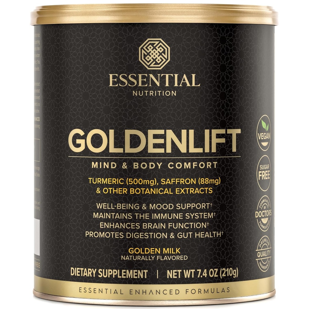 Nutrición esencial Golden Lift - Golden Milk Supplement - Vegan - Con Turmeric, Saffron, Canela, Cayenne &amp; Pimienta negra Rectractos estandarizados - Mente &amp; Body Comfort - 7.4 oz (30 Servimientos)