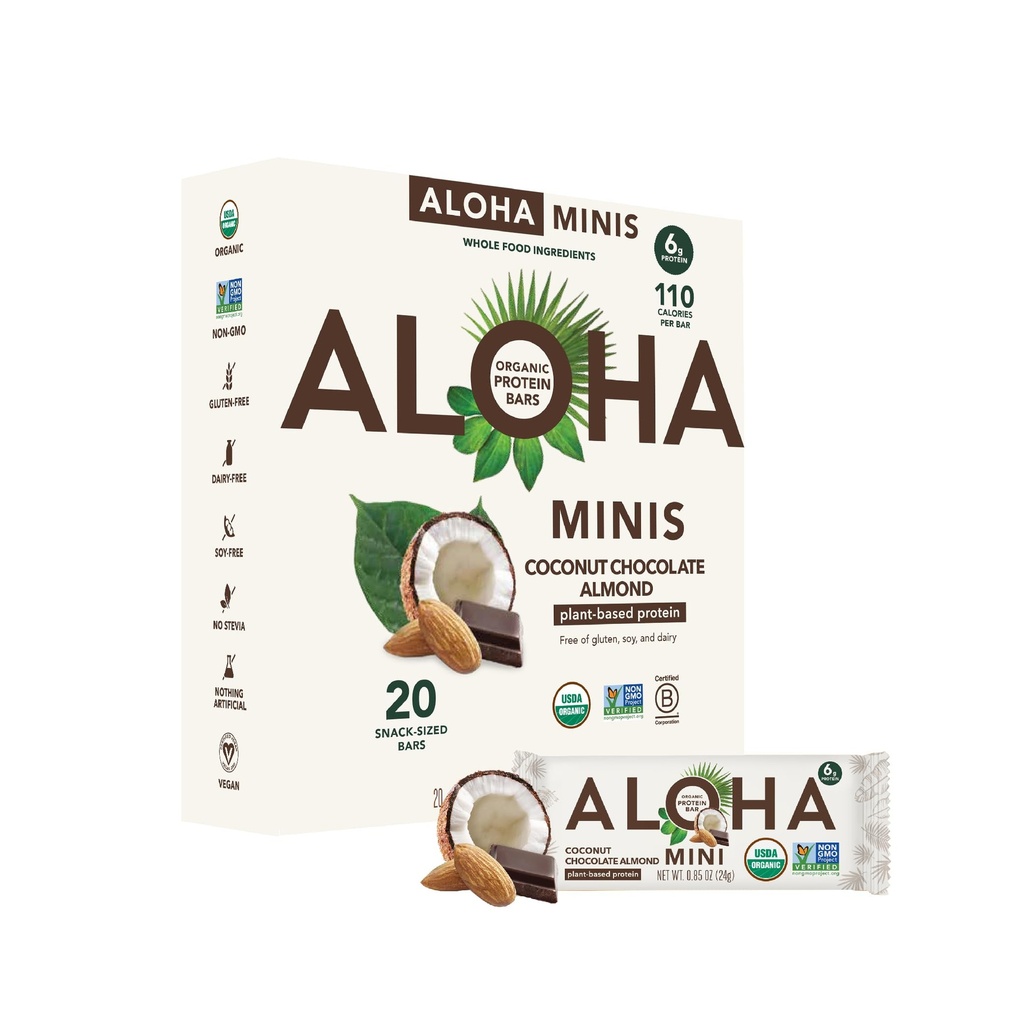 ALOHA Organic Plant Based Protein Bar MINIS |Coconut Chocolate Almond | 20 Count, 24g Bars | Vegan, Low Sugar, Gluten Free, Paleo, Low Carb, Non-GMO, Stevia Free, Soy Free, No Sugar Alcohols