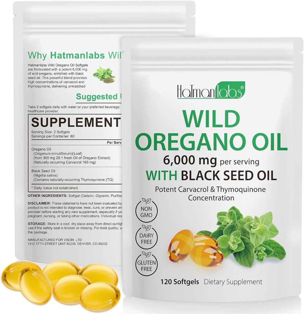Oil of Oregano Capsules - Ingredientes Aceite de Oregano Softgels - 2 en 1 6000mg Aceite de orégano con aceite de semilla negra 200mg - Carvacrol alto & Thymoquinone para soporte de inmuno