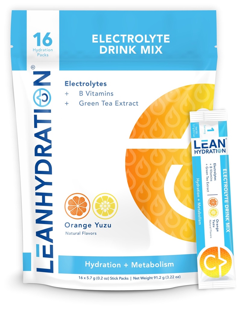 LEAN Hydration Daily Electrolyte Packets Drink Mix tención Cero Calories, Cero Azúcar más Vitaminas, Minerales &amp; Más ← 16 ct (Orange Yuzu)