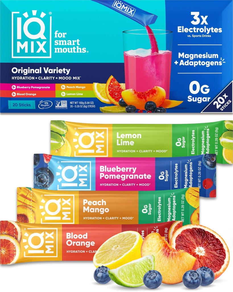 IQMIX Hidration Electrolyte Powder – 4-en-1 Fórmula para la hidratación, la claridad mental, el humor y la recuperación – Sugar-Free Drink Mix, Keto, Magnesium L-Threonate, Lion’s Mane – 20 Contando Variedad Pack
