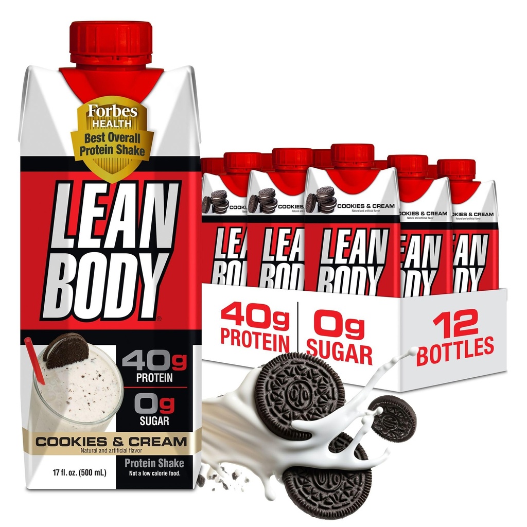Lean Body List-to-Drink Cookies y Cream Protein Shake, 40g Protein, Whey Blend , 0 Azúcar, Gluten No, 22 Vitaminas &amp; Minerales, (Cartón reciclable & Lid - Pack of 12) LABRADA , 17 Fl Oz (Pack of 12)