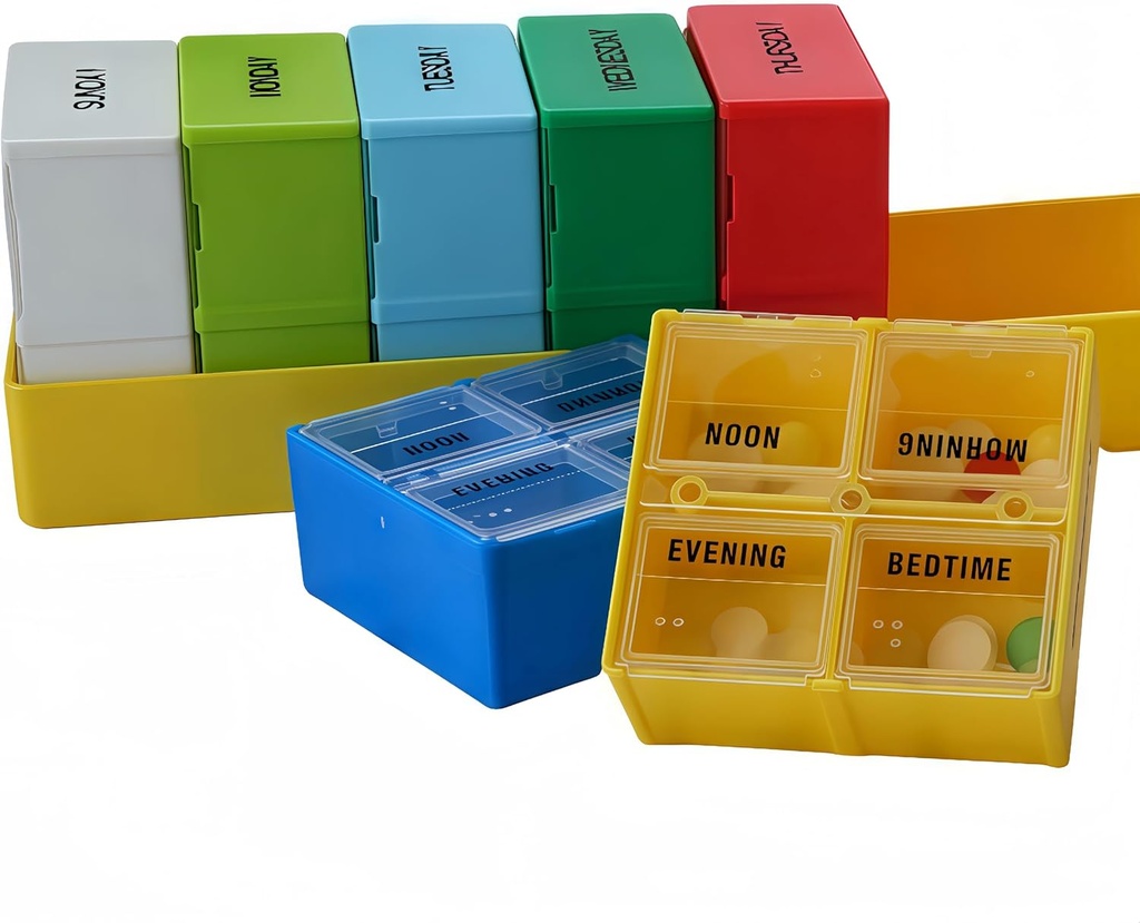 Caja semanal de gran tamaño, 7 días de caja de píldoras, organizador de píldoras 4 veces al día, contenedor de 4 a diario, compromisos seguros, 7,8 x 2,3 x 2,3 en, amarillo