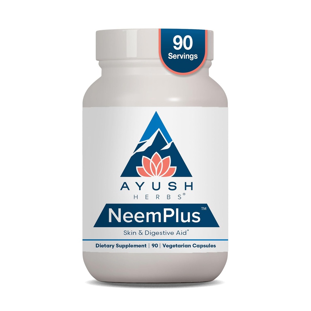 Ayush Herbs Neem Plus - Salud Digestiva para Hombres Mujer, Apoyo Gut Suplemento para la salud de la piel de estómago, Apoyo Inmunitario - 90 cápsulas vegetarianas (1 Conde)