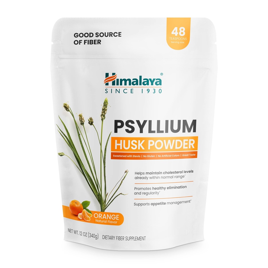 Himalaya Psyllium Husk Powder, Orange, 48 Servings - Suplemento diario de fibra para apoyar la salud y regularidad digestivas - Vegan, No GMO, Sugar Gratis, Gluten Free, 12 oz (340 g)