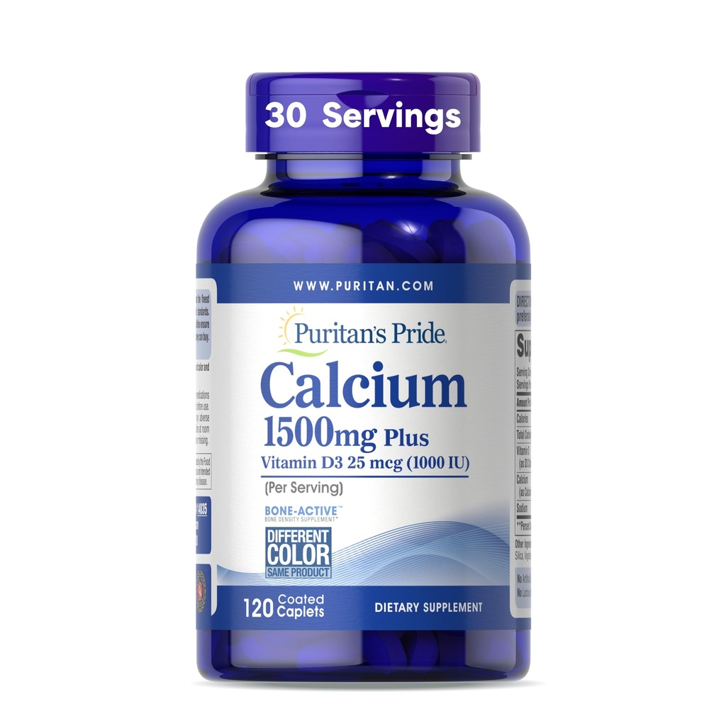 Puritan's Pride Absorbable Calcium 1500 mg Plus Vitamina D3 25mcg 1000 UI, Suplemento dietético para la fuerza de hueso, corazón, nervio, musculo y soporte inmunológico, 120 caplets Coated