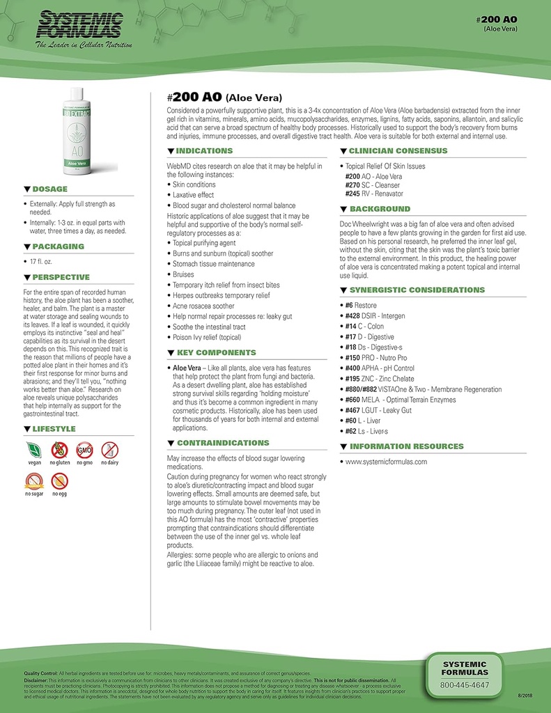 Fórmulas sistémicas Aloe Vera #200-16 oz Premium Grado para Salud y Bienestar Digestivos - Extracto de Aloe Vera