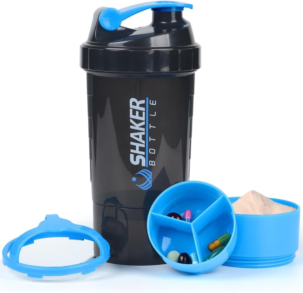 Botella de agitador Protein - Botella de agua deportiva - No deslizar 3 capas Twist Off 3oz Copas con Pill Tray - Leak Proof Shake Mixer- Protein Polvo 22 oz Shake Cup con almacenamiento