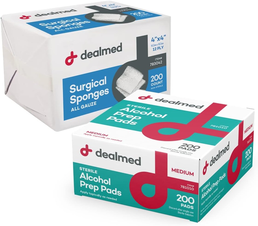Dealmed Alcohol Prep Pads and Gauze Sponge Bundle | 200 Count Medium Size Alcohol Pads Plus 4" x 4" Surgical Sponge Gauze Pads 200 Count