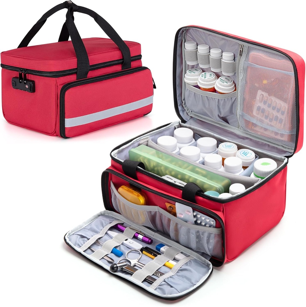 Organizador de botellas CURMIO, bolsa de medicina con bloqueo para botellas de prescripción y primeros kits de ayuda, rojo (diseño patentado)