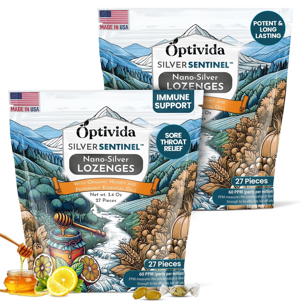 Oftivida Health Colloidal Silver Lozenges with Honey & Lemon Oil (2 Pack) - Soothing Sore Throat Lozenges for Adults with Cough Relief & Fast-Acting Nano Silver Formula for Immune Support, 60 Ppm