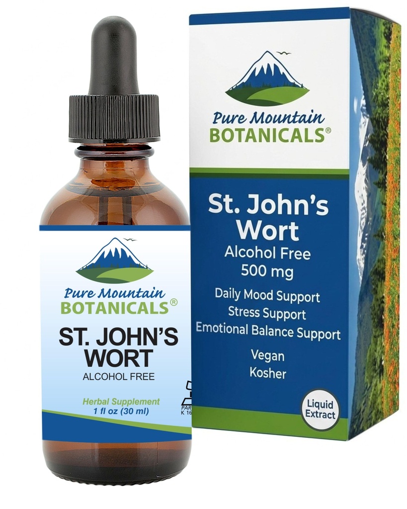 Botánicos puros de montaña St Johns Wort Tincture – Kosher Liquid St. John's Wort Alcohol-Free Extract 500mg Vegan Supplement