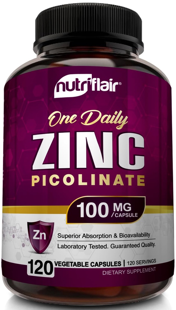 NutriFlair Zinc Picolinate 100mg, 120 Capsules - Vegan, Non-GMO, Made in USA, Third-Party Lab Tested
