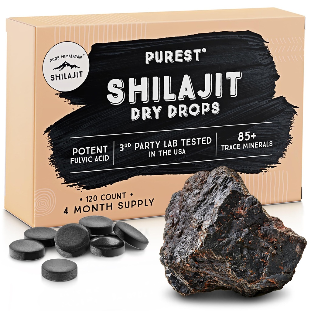 Pure Himalayan Shilajit Dry Drops, 100% Puro Natural Shilajit, Grado A, Max Potency 85+ Clean Trace Minerals & Fulvic Acid for Energy, Metabolism & Immune Support Supplement for Men &amp; Women (120 tabs)