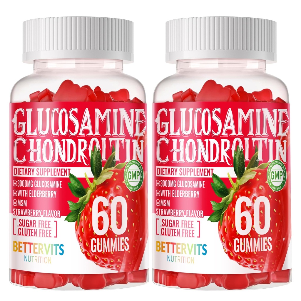 Glucosamine Chondroitin Gummies with MSM & Elderberry Extra Strength - Joint Support, Antioxidant Immune Support Supplement for Adults, Men &amp; Women. 120 Gummies de fresa