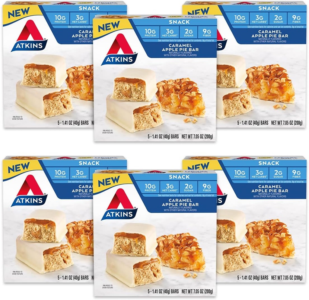 Atkins Snack Bar, Caramel Apple Pie, Naturalmente Flavored, Buena Fuente de Proteína y Fiber, Bajo Carb, Bajo Azúcar (30 Bares)