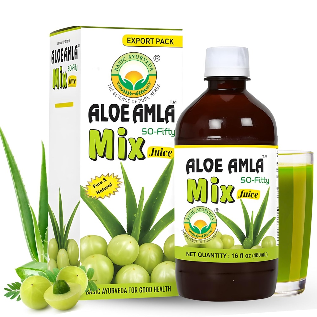 Basic Ayurveda Gooseberry + Aloe Vera Juice – 16.23 Fl Oz (480ml) | 50-Fifty Herbal Mix for Immunity, Digestion & Skin Health | Amla & Aloe Blend | 100% Natural | Daily Ayurvedic Tonic