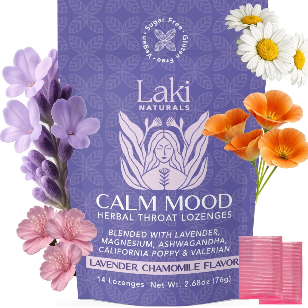 Laki Naturals Lavender Chamomile Calm Mood Herbal Lozenges Funcional (14ct) Gargantilla " Calming Hard Candies with Magnesium, Ashwagandha, California Poppy " Valerian. Vegan, Sugar Gratis, Gluten Gratis