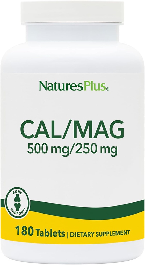 NaturesPlus Cal/Mag - 180 Vegetarian Tablets - 500 mg Calcium, 250 mg Magnesium - Supports Energy Production & Overall Well-Being - 180 Servings