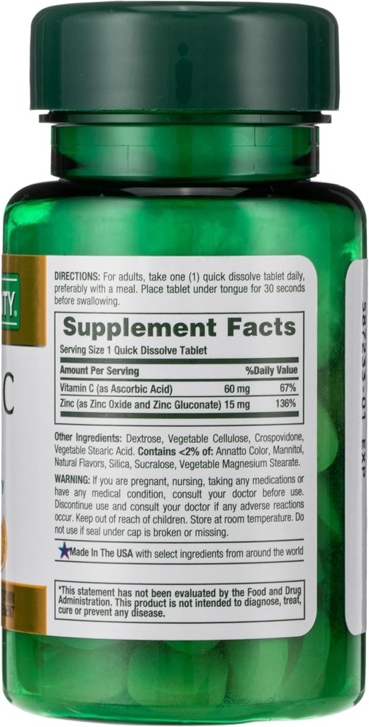 Nature's Bounty, Vitamin C + Zinc, Supports Immune Health, Vitamin Supplement, 60 mg, 60 Tablets (Pack of 2)