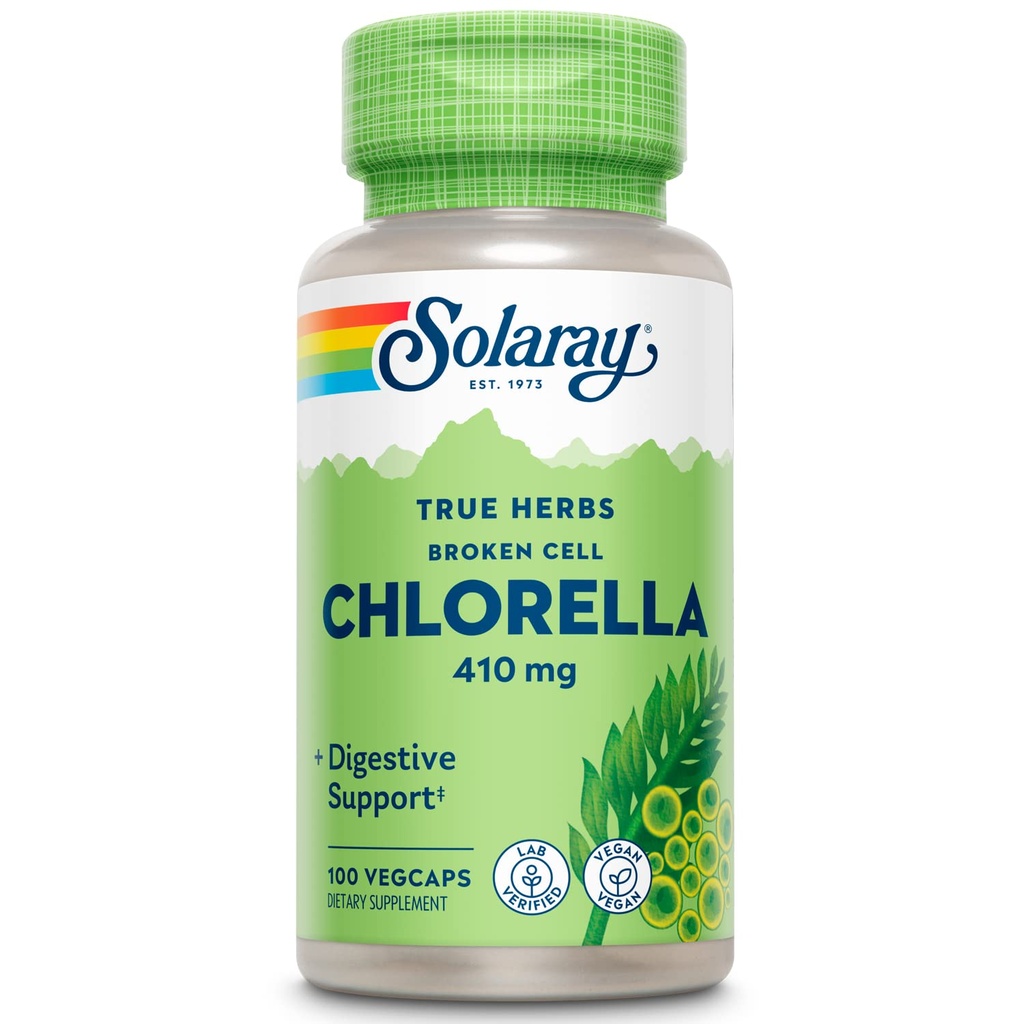SOLARAY Broken Cell Chlorella 410 mg ← Nutrient-Rich Superfood w/Naturally Occurring Protein, Vitaminas, Minerales, Chlorophyll ← Non-GMO  100 VegCaps