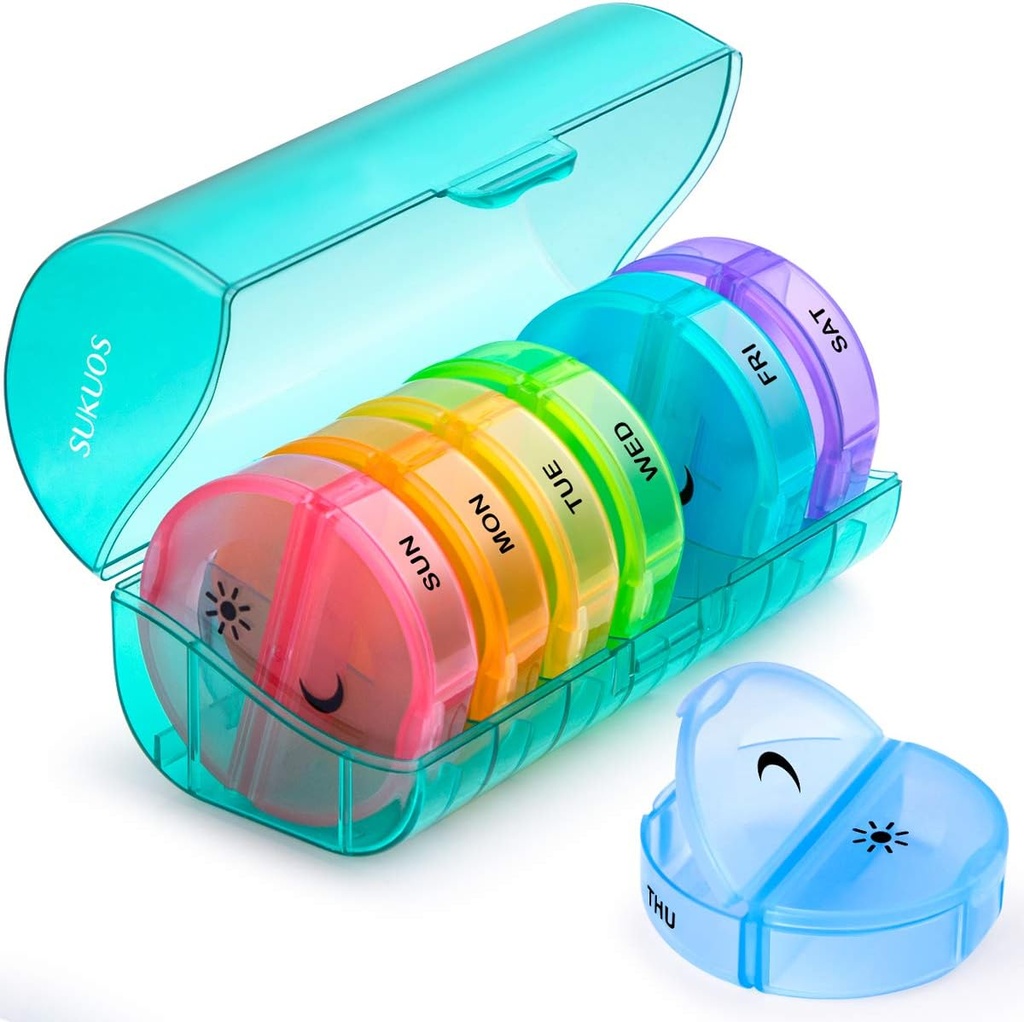 Sukuos Grande Organizador Semanal de Pill 2 veces al día, Daily Pill Box 7 Día Fácil de abrir con doble protección, AM PM Pill Case for Medicine/Vitamin/Fish Oil/Supplements (Cyan)