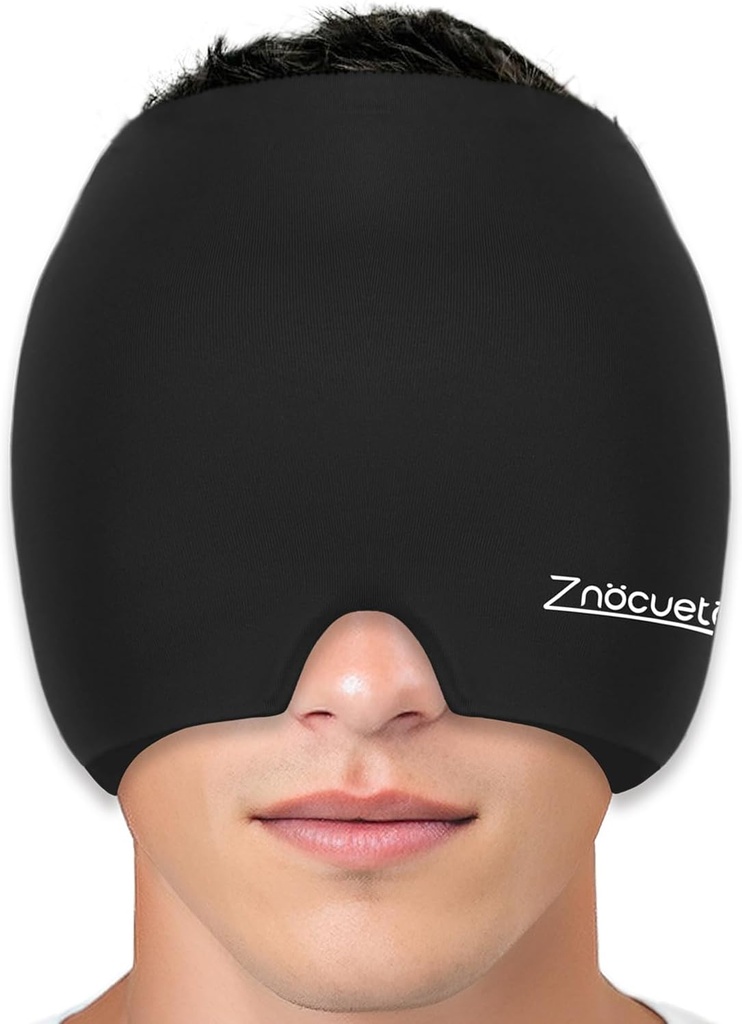 ZNÖCUETÖD Migraine Headache Relief Cap Hat Full Head Ice Pack Wrap Cooling Gel Ice Beanie Hot/Cold Compression Cap for Sinus, Stress, Hangover Headache Pain Relief - Reusable Men Women, Black, Size M