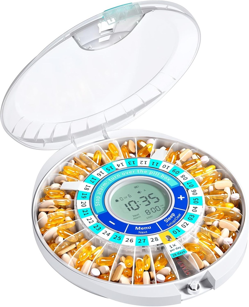 Dispensador automático de píldoras Daviky para los ancianos con alarma, caja de píldoras electrónicas de 28 días, Recordadores de luz de sonido para medicamentos, vitaminas y suplementos