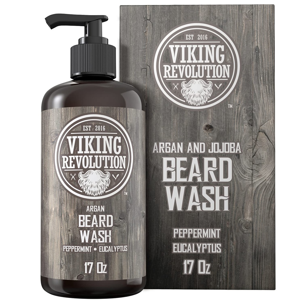 Beard Wash Shampoo w/Argan & Jojoba Oils - Softens & Strengthenings - Natural Peppermint and Eucalyptus Scent - Beard Shampoo w/Beard Oil (17 oz Shampoo)
