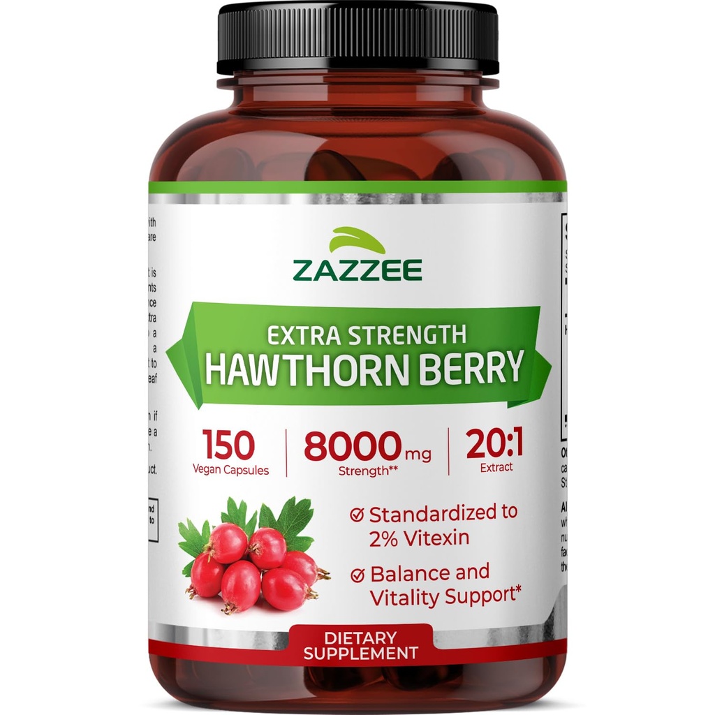 Zazzee Extra Strength Hawthorn Berry 20:1 Extract, 8000 mg Strength, 2% Vitexin, 150 cápsulas Vegan, 5 meses de suministro, Potent concentrado y estandarizado 20X Extract, Non-GMO y All-Natural