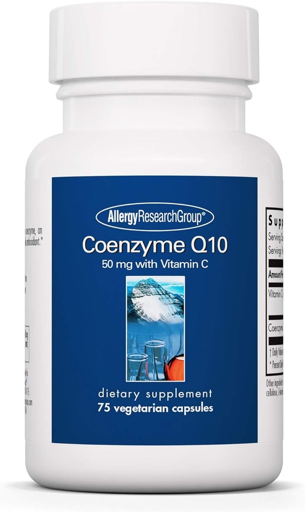 Allergy Research Group Coenzyme Q10 Supplement - with Vitamin C, Heart Health, CoQ10 50mg, Ubiquinol, Antioxidant, Vegetarian Capsules - 75 Count