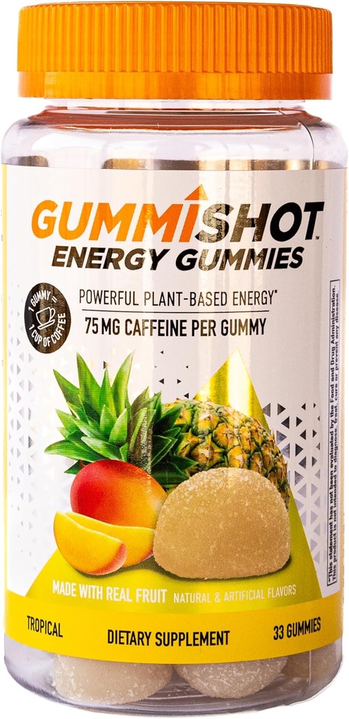 GummiShot Energy Gummies, 2475 mg de cervecerías de cafeína de base vegetal por botella, botaduras de energía duradera, tropical (33ct)