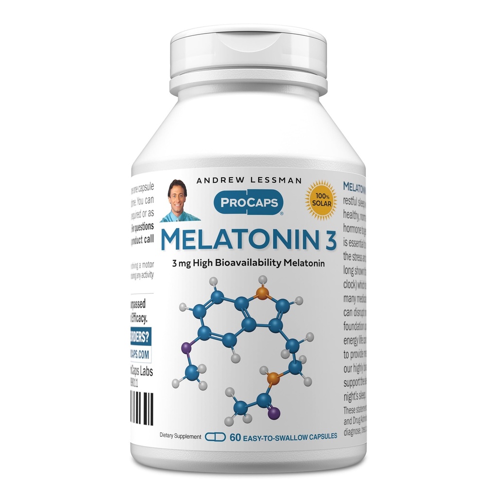ANDREW LESSMAN Melatonin-3 mg - 60 cápsulas - niveles fisiológicamente equilibrados para promover naturalmente el sueño reparador. Regula Daily Circadian Rhythm. Facilita el sueño. No mañana Hangover