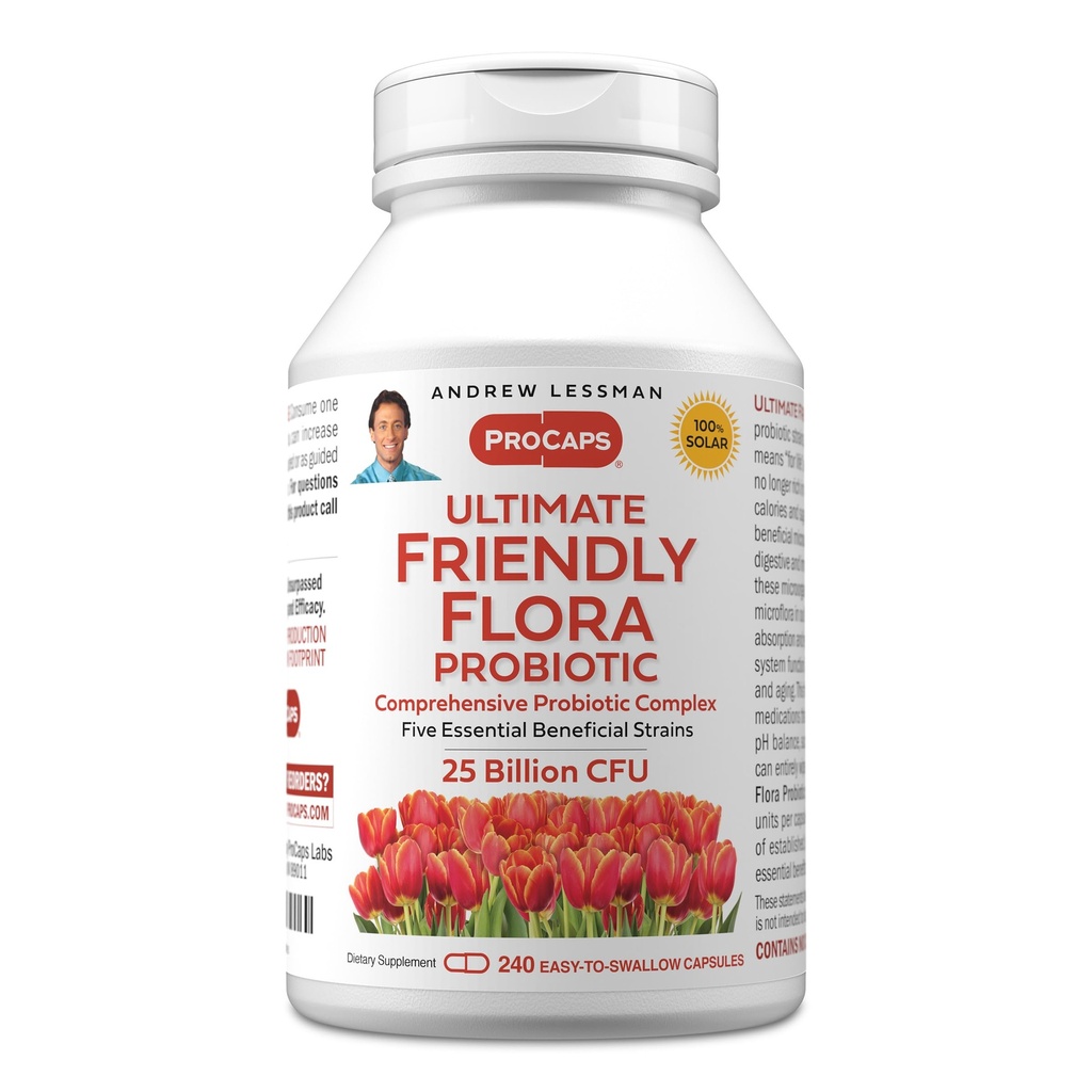 ANDREW LESSMAN Ultimate Friendly Flora Probiotic 240 Capsules - 25 Billion CFU, Full Blend of Five Probiotic Strains, Powerful Immune and Digestive Support. Probióticos para Mujeres o Hombres