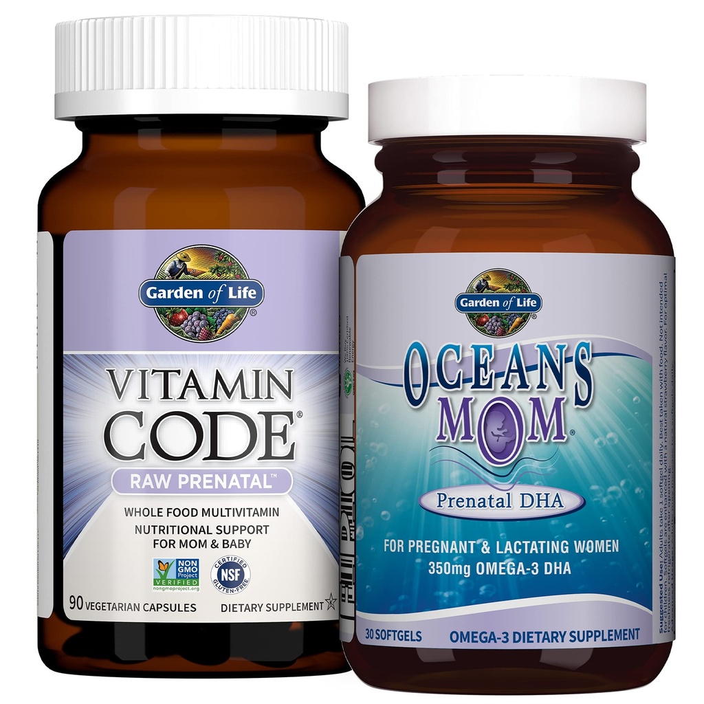 Garden of Life Prenatal Multi + DHA Bundle: Vitamin Code Raw Prenatal Multivitamin with Folate, 90 Vegetarian Capsules Plus Oceans Mom DHA Once Daily, 350mg DHA Fish Oil, 30 Strawberry Softgels