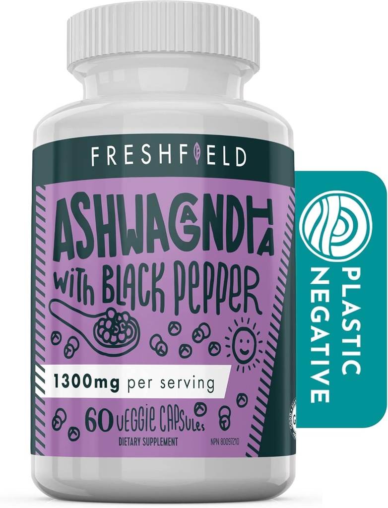 Freshfield Ashwagandha with Black Pepper. Vegan Friendly Supplement for Adrenal Fatigue Support, Muscle Memory, Thyroid and Strength. All Natural 1300mg Capsules