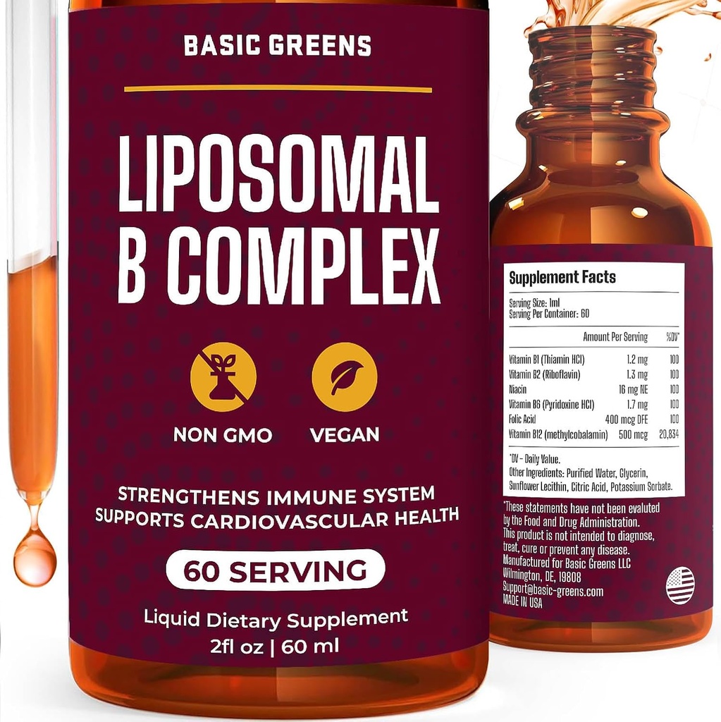 Liposomal B Vitaminas Complejo Líquido – Alta Absorción para la Energía, Cerebro &amp; Piel Salud, Pelo &amp; uñas, Entrega Liposómica Avanzada, Vegan, No GMO, 2 Fl Oz