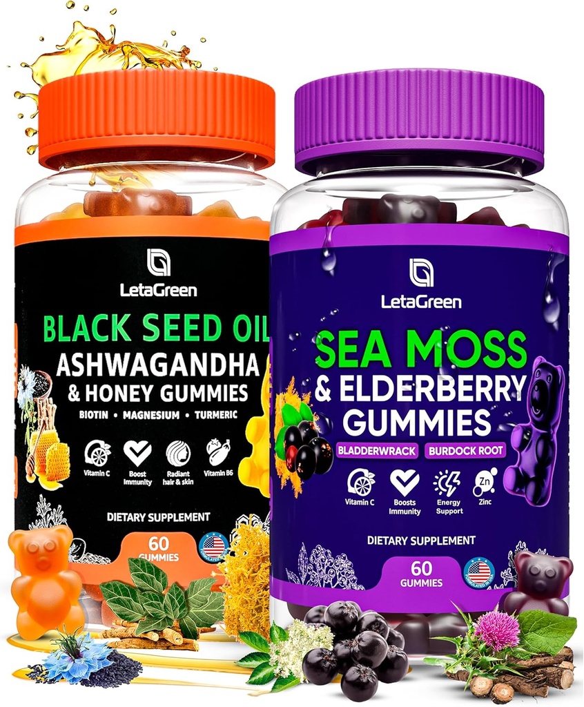 Mar irlandés Moss y Negro Semillas Aceite Bundle – 120 Gummies Vegan Osos - Elderberry para Adultos Niños - Nigella Sativa con Ashwagandha & Honey