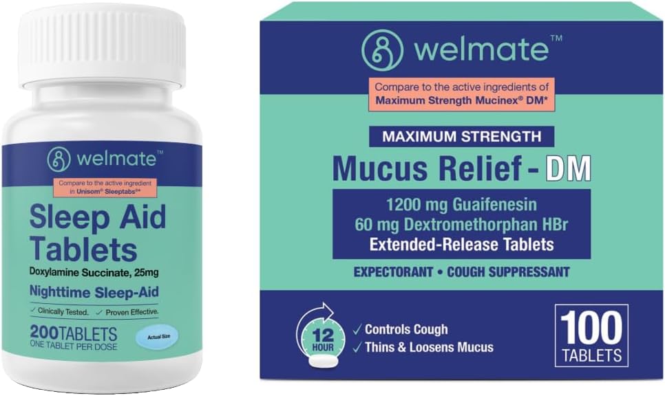 WELMATE Cold " Flu Nighttime Relief Bundle: Mucus Relief DM 1200mg Guaifenesin " 60mg DXM (100 Ct) for Cough " Congestion Relief + Doxylamine Succinate 25mg Sleep Aid (200 Tablets)