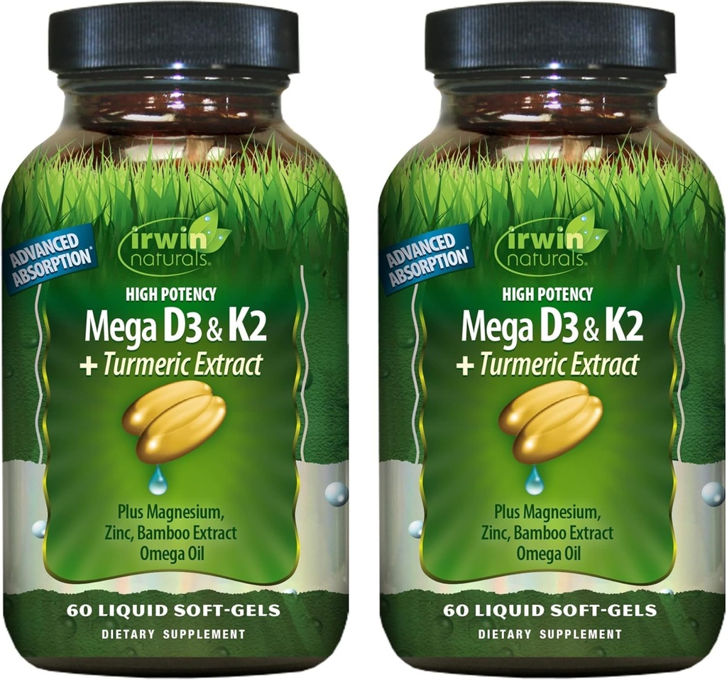 Irwin Naturals High Potency Mega D3 &amp; K2 + Extracto Turmérico de Huesos Saludables, Función Inmune " Positivo Mood - Absorción avanzada con Magnesio, Turmérico, Bamboo &amp; Omega Oil - 60 Liquid Softgels
