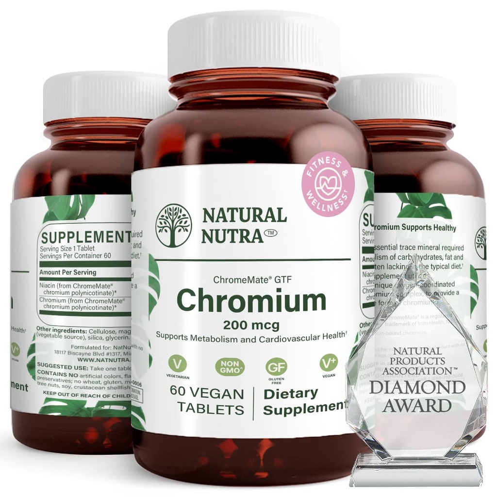 Natural Nutra GTF Chromium Polynicotinate with ChromeMate, Supports Body Metabolism, Promote Body Health, Cardiovascular Health 200 mcg, 60 Vegan Tablets
