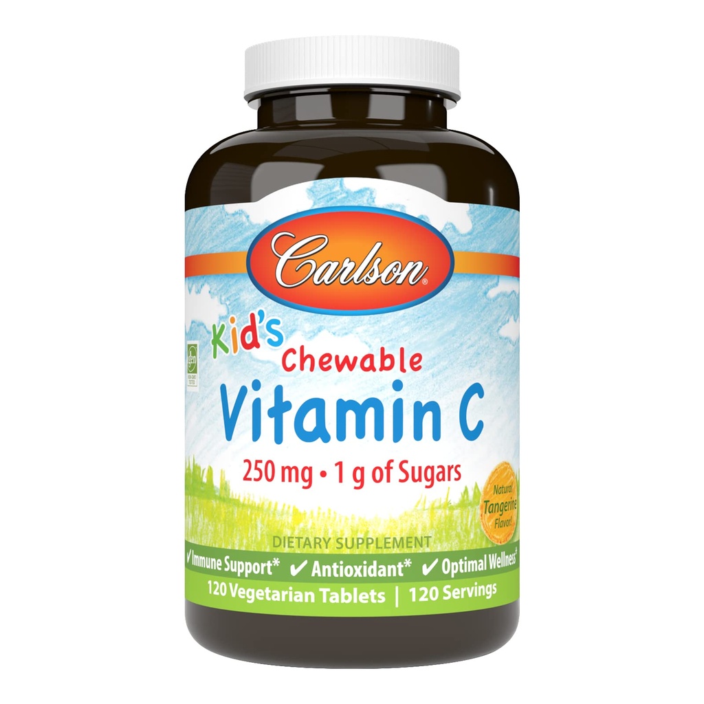 Carlson - Kid's Chewable Vitamin C, 250 mg, 1 g of Sugars, Immune Support & Optimal Wellness, Antioxidant, Tangerine, 120 Vegetarian Tablets
