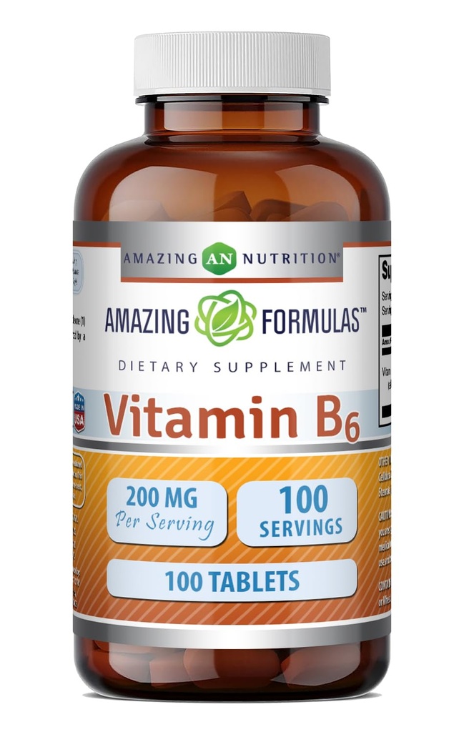 Fórmulas asombrosas Vitamina B6 Piridoxina 200mg 100 Tablets Suplemento No-GMO Silencio Gluten Gratis Silencio Made in USA