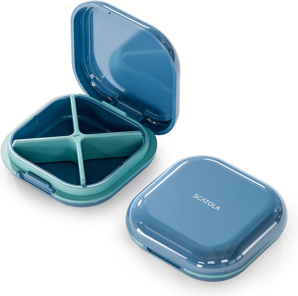Caja pequeña de pill, Caja de Píldora de Viajes, Organizador de Píldoras portátiles, Contenedor de Píldoras para Compartimientos de Bolsillo 4, Contenedor de Medicina de Viajes Diarios para Medicación de Vitaminas (Blue)