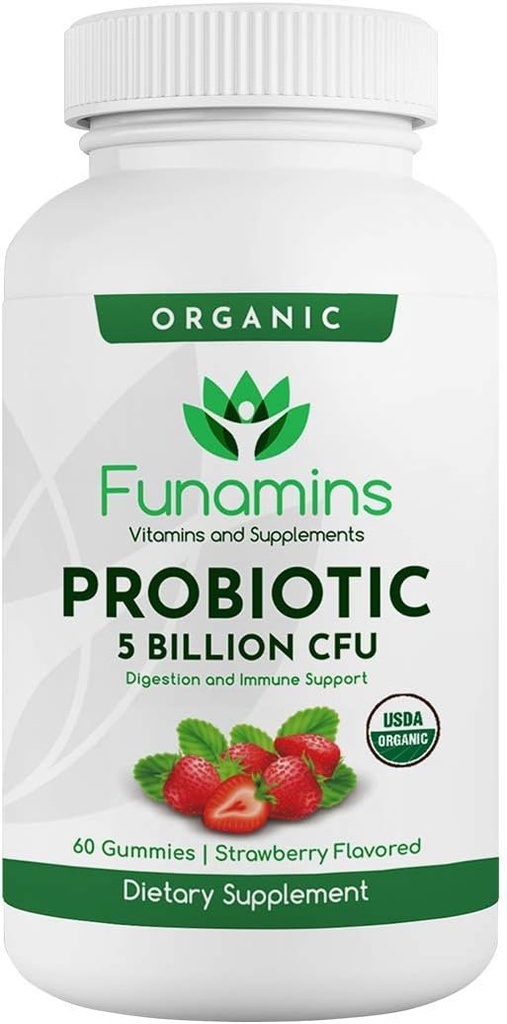 Organic Probiotic Gummies, 5 Billion CFU per Serving, 60 Count, Vegan, Supports Digestive Health and Immune Defense, for Women and Children; Strawberry Flavor