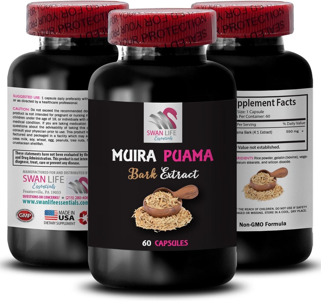 Fuerza diaria - MUIRA PUAMA BARK EXTRACT - Apoyo a la Resiliencia Natural, Soporte de Mente Activo, Activación de Herbal Drive, Fuente de Energía Basada en Plantas, Boost de Energía de Todo Día, Energía Equilibrada 1Bot 60Caps